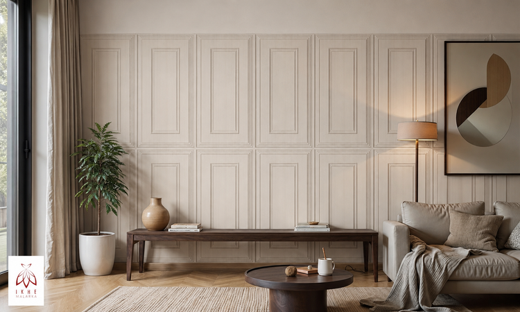 Wohnzimmer mit Wandverkleidung in Kassettenoptik, Holzbank, Sofa und dekorativen Elementen in einem hellen, modernen Einrichtungsstil.