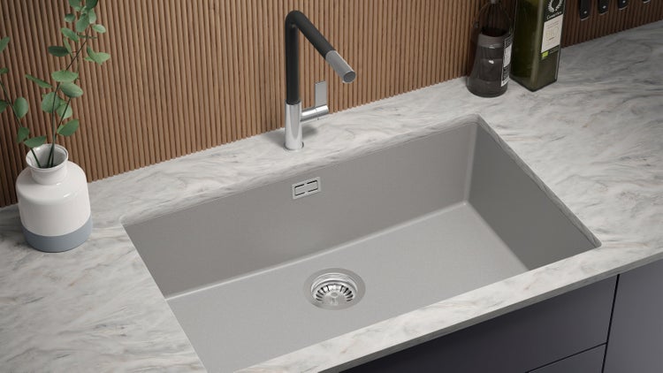 PRIMAGRAN Unterbauspüle Granit Grau 76x47cm, Spülbecken 1 Becken + Ablauf-Set, Granitspüle ab 80er Unterschrank - London