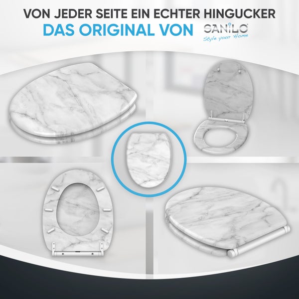 Sanilo Logo und WC-Sitz mit Marmor-Dekor in verschiedenen Ansichten: geschlossen, geöffnet, von oben und von unten.