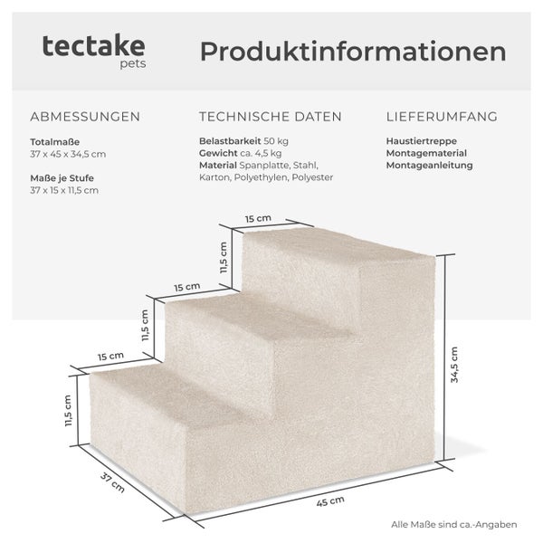 Produktinformationen zu einer Tiertreppe von Tectake pets mit Abmessungen, technischen Daten und Lieferumfang.