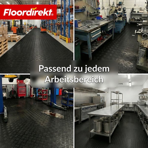 Collage verschiedener Arbeitsbereiche mit Bodenbelag von Floordirekt