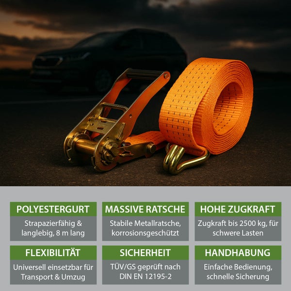 Spanngurt mit Ratsche und Haken zum Sichern von Lasten