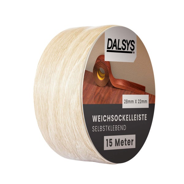 Dalsys Weichsockelleiste selbstklebend, 28 Millimeter mal 22 Millimeter, 15 Meter, helles Holzdekor