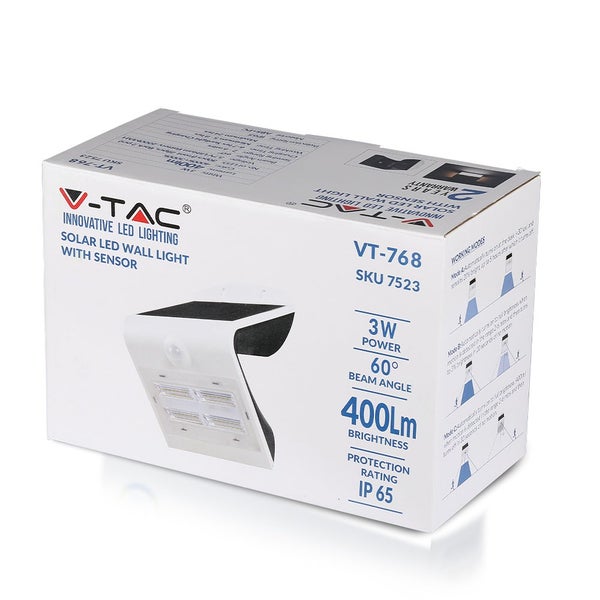 V-TAC VT-768 - Solar-Wandleuchten - IP65 - Weiß - 3W - 400 Lumen - 4000K+3000K