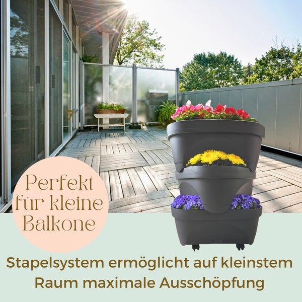 Erdbeertopf Pflanzturm Blumentopf Hoch Pflanzsäule Kräutertopf Balkon Pflanzkübel Anthrazit Kräuterturm Pflanztopf Outdoor Säulentopf SET 3 Ebenen Roller