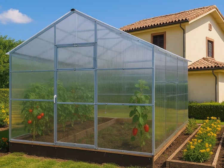 Gewächshaus mit Pflanzen und Gemüsegarten im Freien