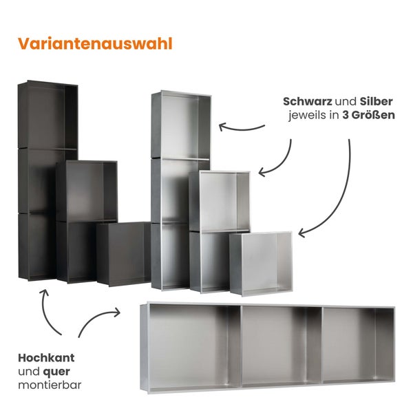 Wandnischen in verschiedenen Größen, erhältlich in Schwarz und Silber, hochkant oder quer montierbar.