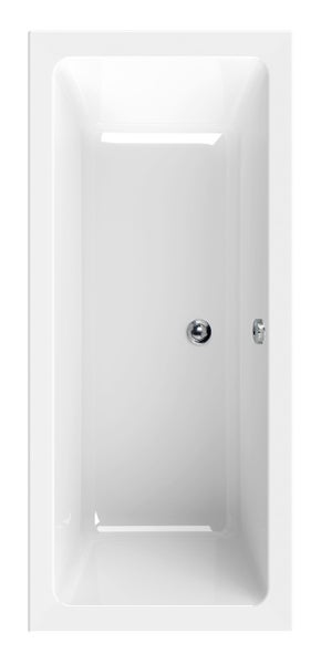 Rechteckige Badewanne in der Draufsicht mit Mittelablauf und seitlichem Überlauf.