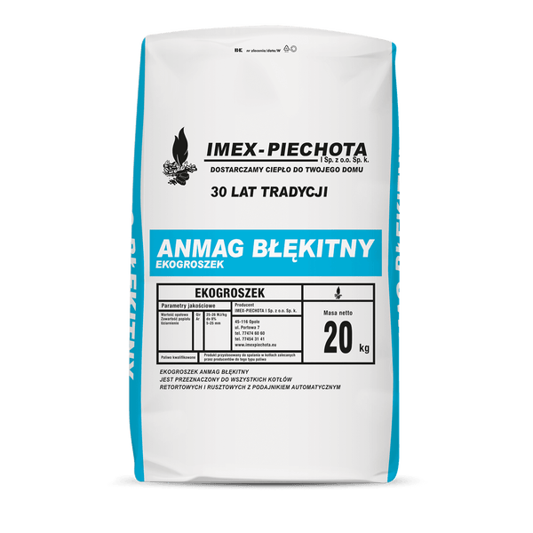 Sack mit 20 Kilogramm Ekogroszek Anmag Błękitny von Imex-Piechota, Brennstoff für Heizkessel mit automatischem Zubringer.