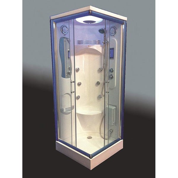 Duschkabine mit Komplettausstattung, Regendusche und integrierten Massagedüsen, aus Glas und Sanitärkunststoff.