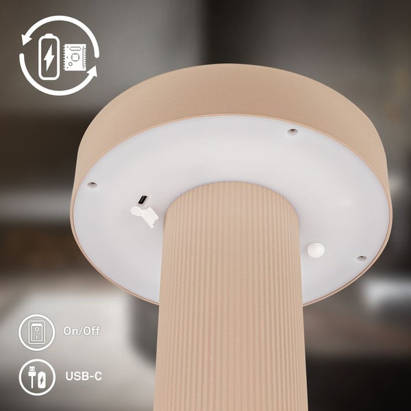 Unterseite einer Akkumulator-Tischleuchte mit Ein-Aus-Schalter, USB-C-Ladebuchse und Symbolen für die Ladefunktion.