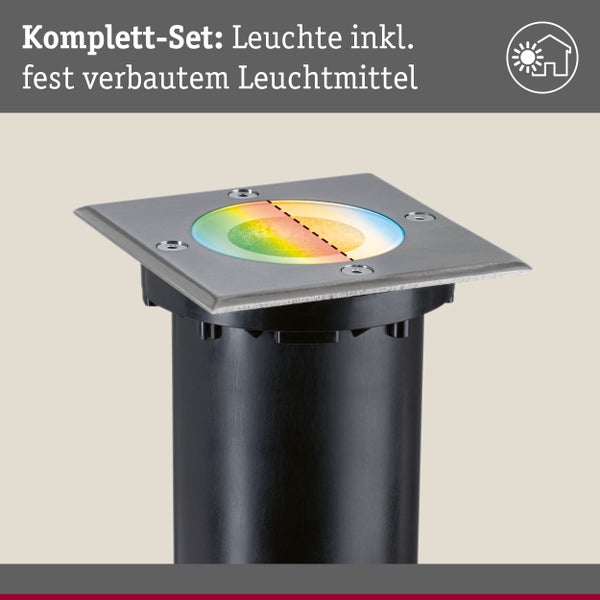 Komplett-Set einer quadratischen LED-Bodeneinbauleuchte aus Edelstahl mit Farbwechsel und fest verbautem Leuchtmittel, geeignet für den Außenbereich.