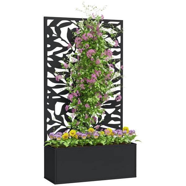 Schwarzer Metall-Pflanzkasten mit dekorativem Sichtschutz und Rankgitter, bepflanzt mit Blumen und einer Kletterpflanze.