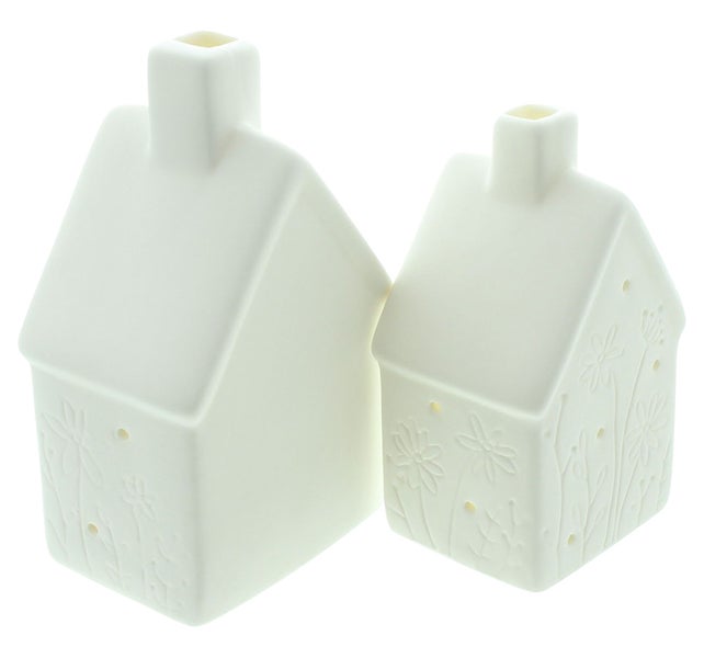 FRANK FLECHTWAREN | LED-Haus Blumenwiese, 2er Set, PORZELLAN, KUNSTSTOFF, 7,8 x 6,3 x 13 cm, 9,5 x 4 x 15,5 cm