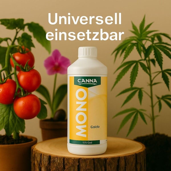 Canna Mono Gaiclo Fluessigduenger Flasche auf Holzstamm zwischen Tomatenpflanze und Hanfpflanze mit Text Universell einsetzbar.