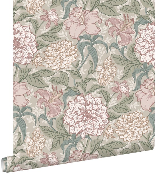 ESTAhome Tapete Blumenmuster Altrosa und Graugrün - 53 cm x 10.05 m - 139377