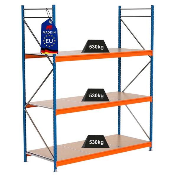 Regalsystem mit drei Ebenen und einer Traglast von 530 Kilogramm, Hergestellt in der EU Label