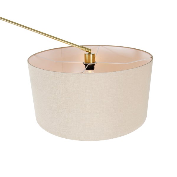 Detailansicht eines Lampenschirms mit Stoffbezug und Messinghalterung