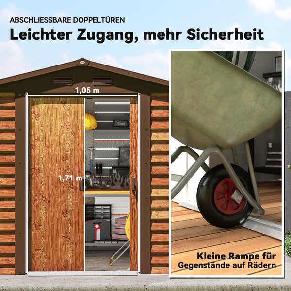 Outsunny Gerätehaus Metall im Holzoptik 3 m² 152 x 235,7 x 208,7 cm Geräteschuppen mit Satteldach Fenster Doppel Schiebetüren wetterfest Gartenhaus Outdoor Garten Schuppen für Hinterhof Braun