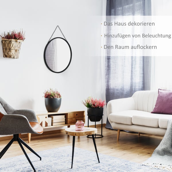 HOMCOM Wandspiegel Schminkspiegel Ø 50 cm Rundspiegel Wohnzimmerspiegel mit dekorativer Aufhängung für Schlafzimmer, Esszimmer, Diele Schwarz Metall Glas