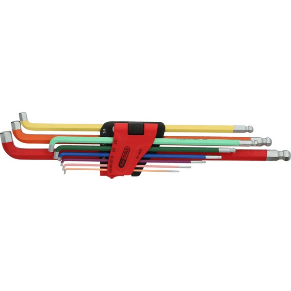 KS Tools Winkelschlüsselsatz mit Kugelkopf, farbig codiert, Zoll-Größen, im Halter.