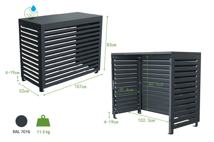Blickdichte Klimaanlagenverkleidung mit den Maßen 83 mal 107 mal 52 Zentimeter