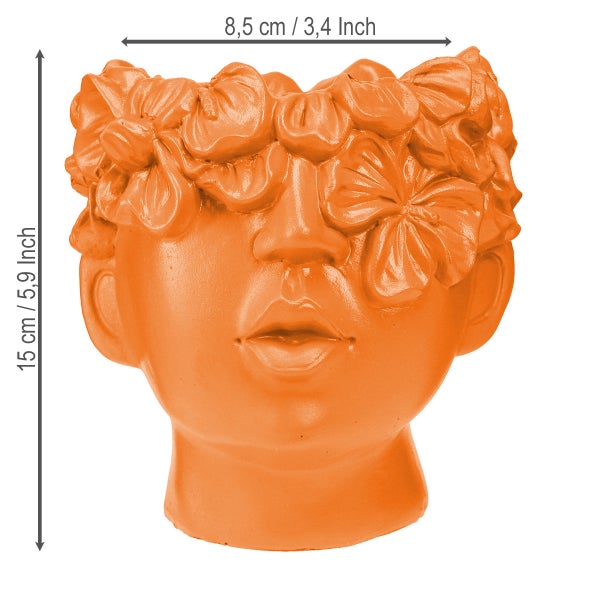 Blumentopf in Form eines Frauenkopfes mit floralem Kranz, circa 8,5 cm breit und 15 cm hoch