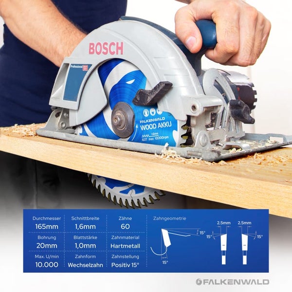 FALKENWALD® Akku Sägeblatt 165x20 Holz 60 Zähne - Kreissägeblatt 165x20 Akku - Kompatibel mit Makita Sägeblatt 165 DHS680RTJ, Makita SP 6000K1, Bosch GKT 55 GCE - 165x20 Sägeblatt