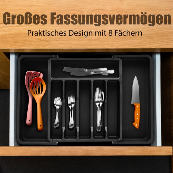 Schublade mit schwarzem Besteckkasten und acht Fächern zur Aufbewahrung von Küchenutensilien