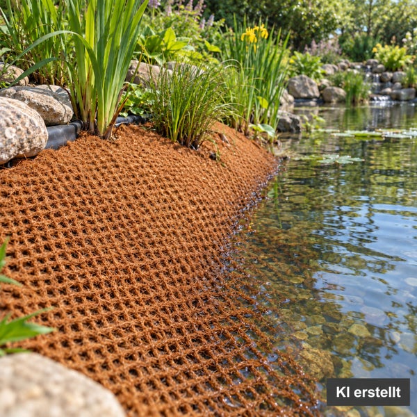 Kokosfasermatte zur Uferbefestigung an einem Gartenteich mit Steinen und Pflanzen am Rand