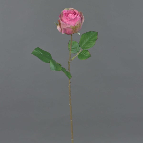 Künstliche Rose mit rosa Blüte und grünen Blättern am Stiel für Innendekoration.