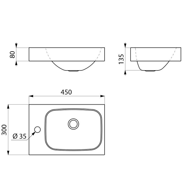 Technische Zeichnung eines Waschbeckens mit Maßen: Breite 450 Millimeter, Tiefe 300 Millimeter, Gesamthöhe 135 Millimeter.