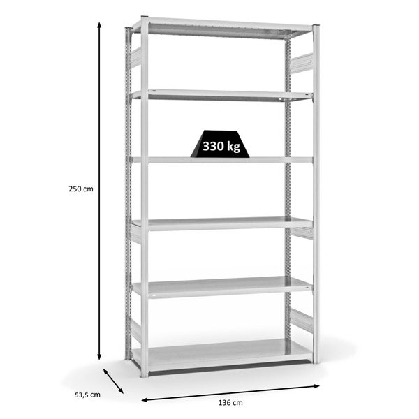 PROREGAL Fachbodenregal Stecksystem T-Profil Heavy-Duty Grundregal HxBxT 250 x 130 x 50 cm 6 Ebenen Fachlast 330 kg Beidseitig Nutzbar Lichtgrau