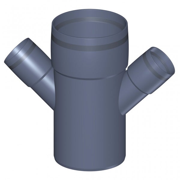 Hochtemperatur-Doppelabzweig aus grauem Kunststoff für Abwasserrohre.