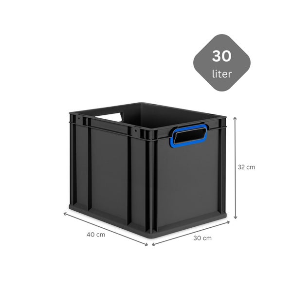 PROREGAL SuperSparSet 4x Eurobox NextGen Color mit Scharnierdeckel und Schiebeschnappverschlüssen, HxBxT 32x30x40cm, 30 Liter, Schwarz, Griffe blau offen, Eurobehälter, Transportbox, Transportbehälter, Stapelbehälter