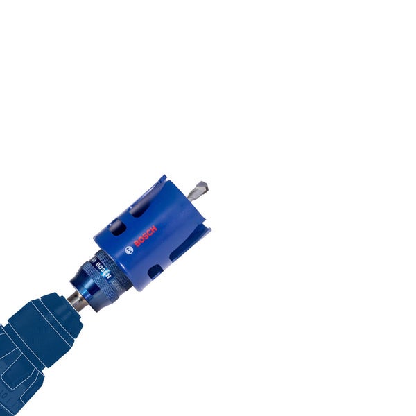 Bosch Power Change Plus Adapter System mit Zentrierbohrer und Lochsäge. Darstellung der Montage am Bohrfutter.