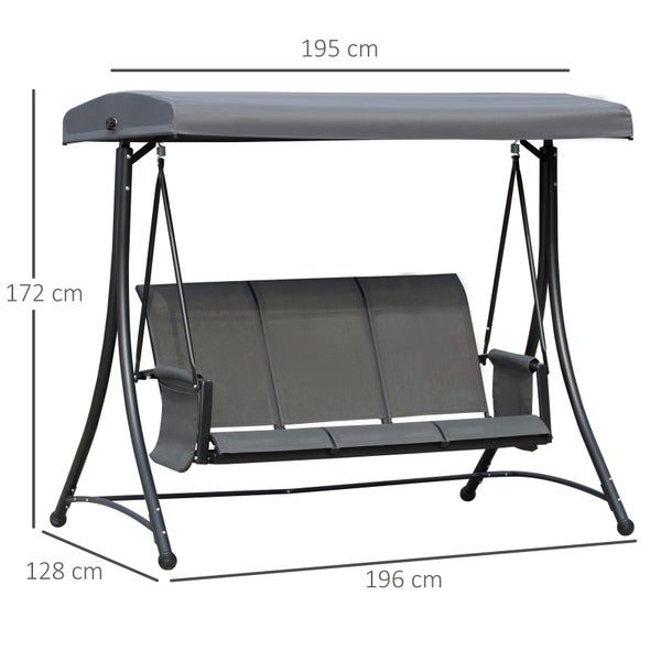Outsunny Hollywoodschaukel, 3-Sitzer Gartenschaukel mit Sonnendach, 196 x 128 x 172 cm, Aluminium, Grau