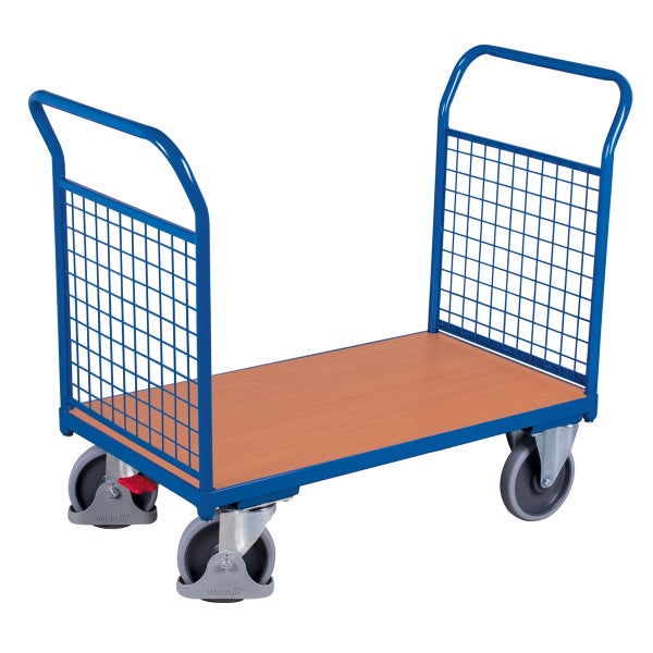 Blauer Transportwagen mit Holzplattform und Gitterwänden