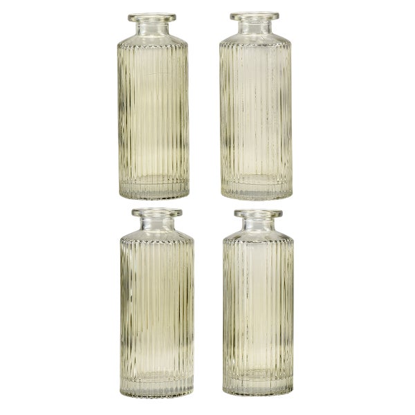 Set aus vier dekorativen Glasvasen mit vertikaler Riffelstruktur.