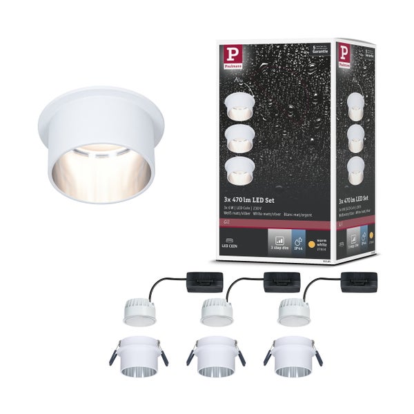Verpackungsrückseite Paulmann LED Einbauleuchte mit technischen Daten und Installationsmaßen für 230 Volt.