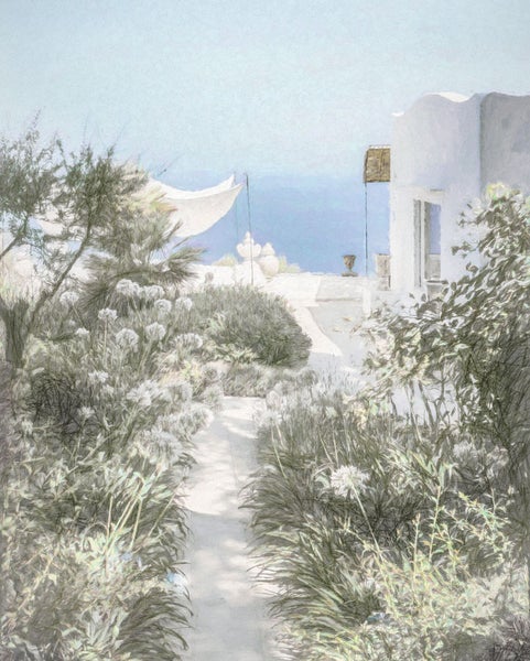 Szene eines mediterranen Gartens mit Weg, Pflanzen und weißem Gebäude am Meer