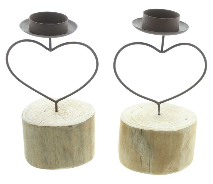 FRANK FLECHTWAREN | Teelichthalter Rostherz, 2er Set, METALL, HOLZ, ca. 9 x 8,5 x 18 cm