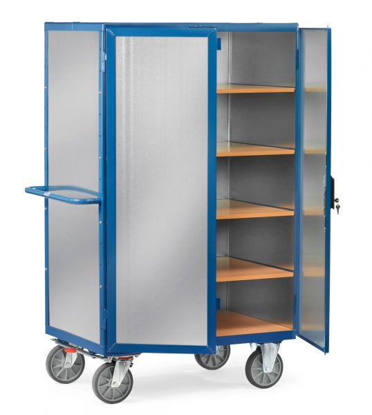 Rollschrank mit Regalböden und abschließbarer Tür für den Transport