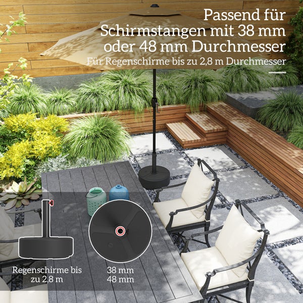 Sonnenschirmständer auf Terrasse mit Sitzgruppe, passend für Schirmstangen von 38 bis 48 Millimeter Durchmesser und Schirme bis 2,8 Meter.