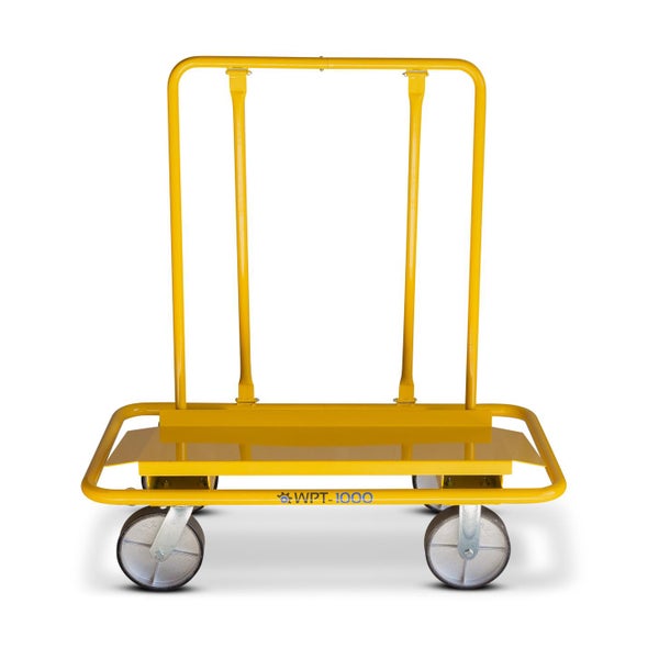 Gelber Materialtransportwagen mit vier Rädern.