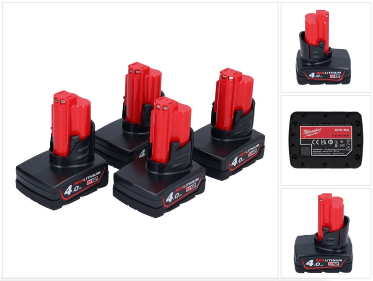 Set von vier Milwaukee M12 Lithium Ionen Akkus mit 4 Ampere Stunden Kapazität für kabellose Elektrowerkzeuge.