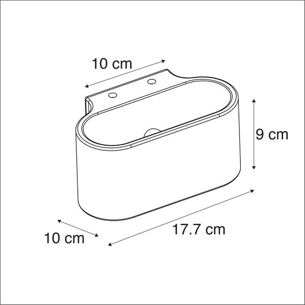 Maßzeichnung einer ovalen Wandaufbewahrung mit den Maßen 17,7 Zentimeter Breite, 9 Zentimeter Höhe und 10 Zentimeter Tiefe.