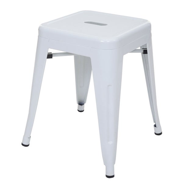 Weißer Metallhocker mit quadratischer Sitzfläche und Fußkappen.