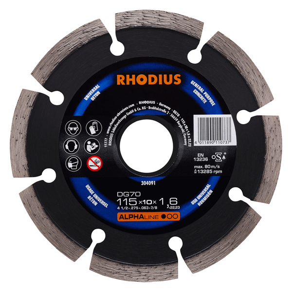 RHODIUS Diamanttrennscheibe DG70, 1 Stück, 115 x 10,0 x 1,6 x 22,23 mm für Beton, ALPHAline