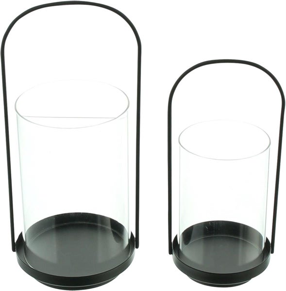 Dekoleidenschaft 2x Windlicht Minimal aus Metall, schwarz & Glas, Kerzenhalter für Stumpenkerzen, Kerzenglas, Windlichtglas